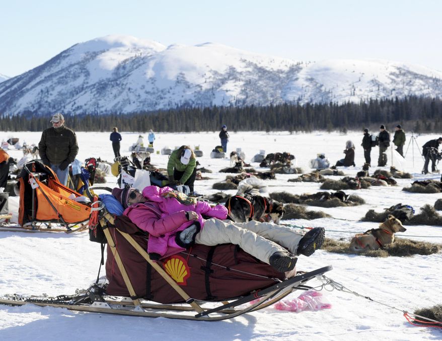 In this March 3, 2014 photo, DeeDee Jonrowe sleeps on her sled at the Rainy Pass checkpoint during the 2014 Iditarod Trail Sled Dog Race near Puntilla Lake, Alaska. (AP Photo/The Anchorage Daily News, Bob Hallinen)