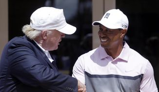Donald Trump, left, shakes hands with Tiger Woods during a ribbon cutting for the new Tiger Woods Villa at the Trump National Doral golf course, Wednesday, March 5, 2014 in Doral, Fla. (AP Photo/Wilfredo Lee) ** FILE **