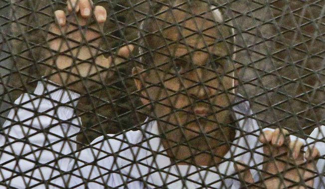 Al Jazeera journalist Peter Greste stands inside the defendants&#x27; cage in a courtroom during a trial on terror charges, along with several other defendants, in Cairo Egypt, Wednesday, March 5, 2014. (AP Photo/Mohammed Abu Zaid)