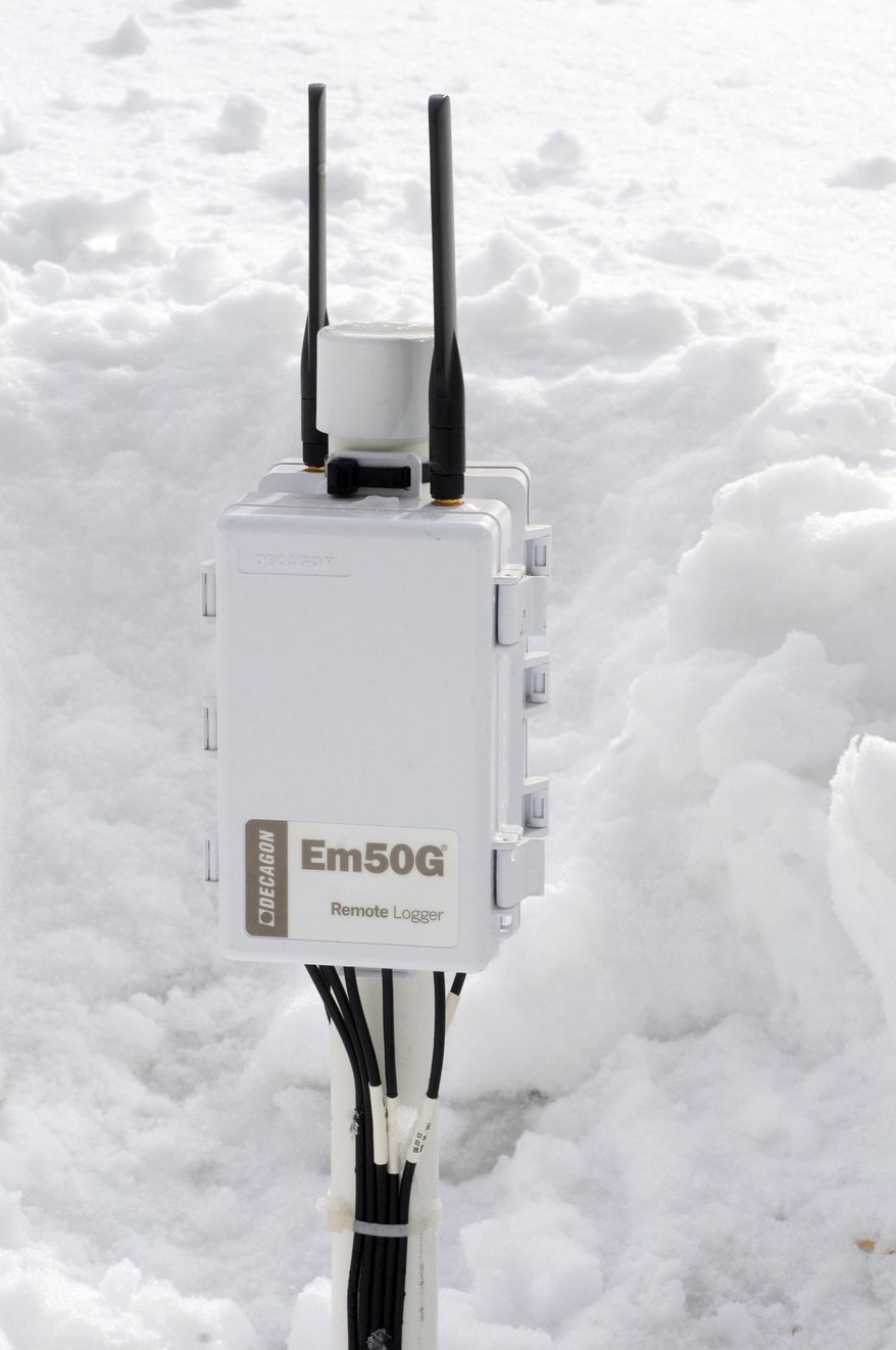ADVANCED FOR RELEASE SATURDAY, MARCH 8, 2014 This Feb. 18, 2014 photo shows a data logger on the roof of the Penfield, in St. Paul, which tracks stormwater runoff, rainfall, snow melt, and temperature. (AP Photo/St. Paul Pioneer Press, Scott Takushi)