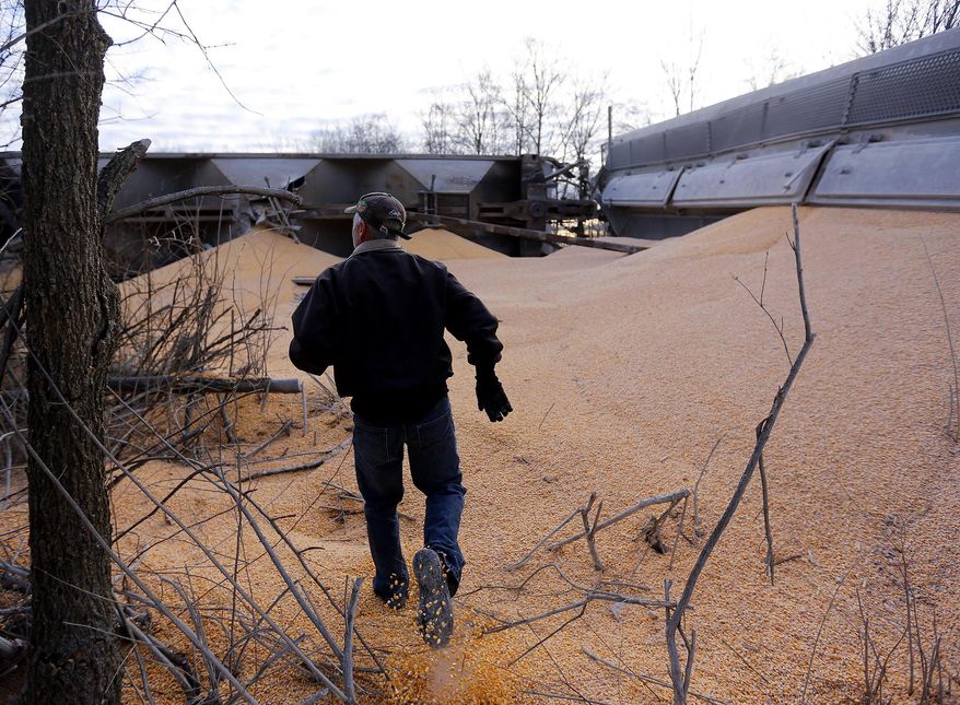 Tim Newell, of Delaware, Ohio checks out the wreckage after cars of a train derailed near Delaware on Tuesday, March 4, 2014. Authorities say part of a train hauling corn derailed, sending nearly three dozen cars off the tracks and spilling their contents. Emergency responders say no one was hurt when the middle of a southbound Norfolk Southern train derailed Tuesday afternoon near the sheriff's office in Delaware County. (AP Photo/Columbus Dispatch, Jonathan Quilter)