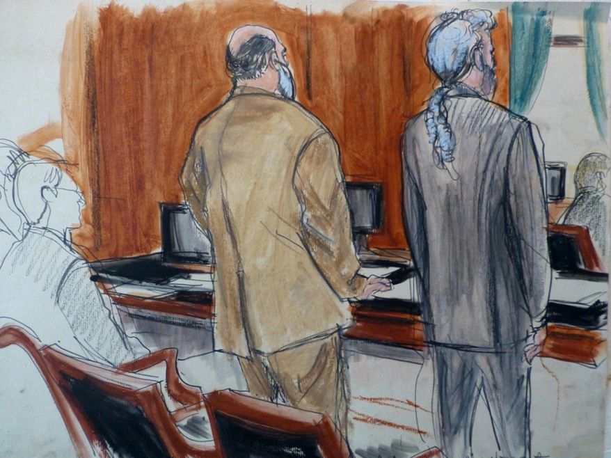 In this courtroom sketch, Sulaiman Abu Ghaith, center, in beige suit,  stands next to his defense attorney Stanley Cohen Monday, March 3, 2014 during jury selection at the start of Abu Ghaith&#x27;s trial in New York on charges that he conspired to kill Americans and support terrorists in his role as al-Qaida&#x27;s spokesman after the Sept. 11 attacks. Abu Ghaith is Osama bin Laden&#x27;s son-in-law and is  the highest-ranking al-Qaida figure to face trial on U.S. soil since the Sept. 11 attacks. (AP Photo/Elizabeth Williams)