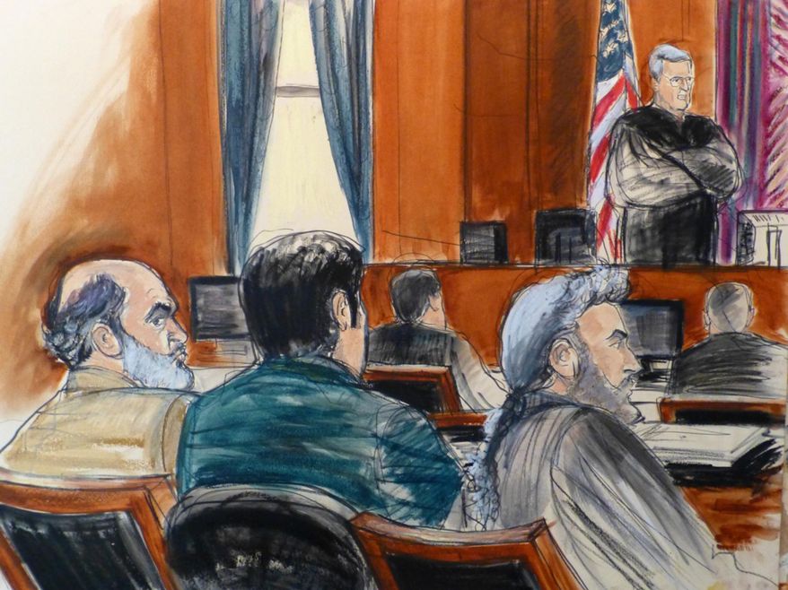 In this courtroom sketch, Sulaiman Abu Ghaith, left, listens as U.S. District Judge Lewis A. Kaplan stands to speak Monday, March 3, 2014 during jury selection at the start of Abu Ghaith&#39;s trial in New York on charges that he conspired to kill Americans and support terrorists in his role as al-Qaida&#39;s spokesman after the Sept. 11 attacks. Abu Ghaith is Osama bin Laden&#39;s son-in-law and is  the highest-ranking al-Qaida figure to face trial on U.S. soil since the Sept. 11 attacks. Seated next to Abu Ghaith is a translater, next to defense attorney Stanley Cohen, right. (AP Photo/Elizabeth Williams)