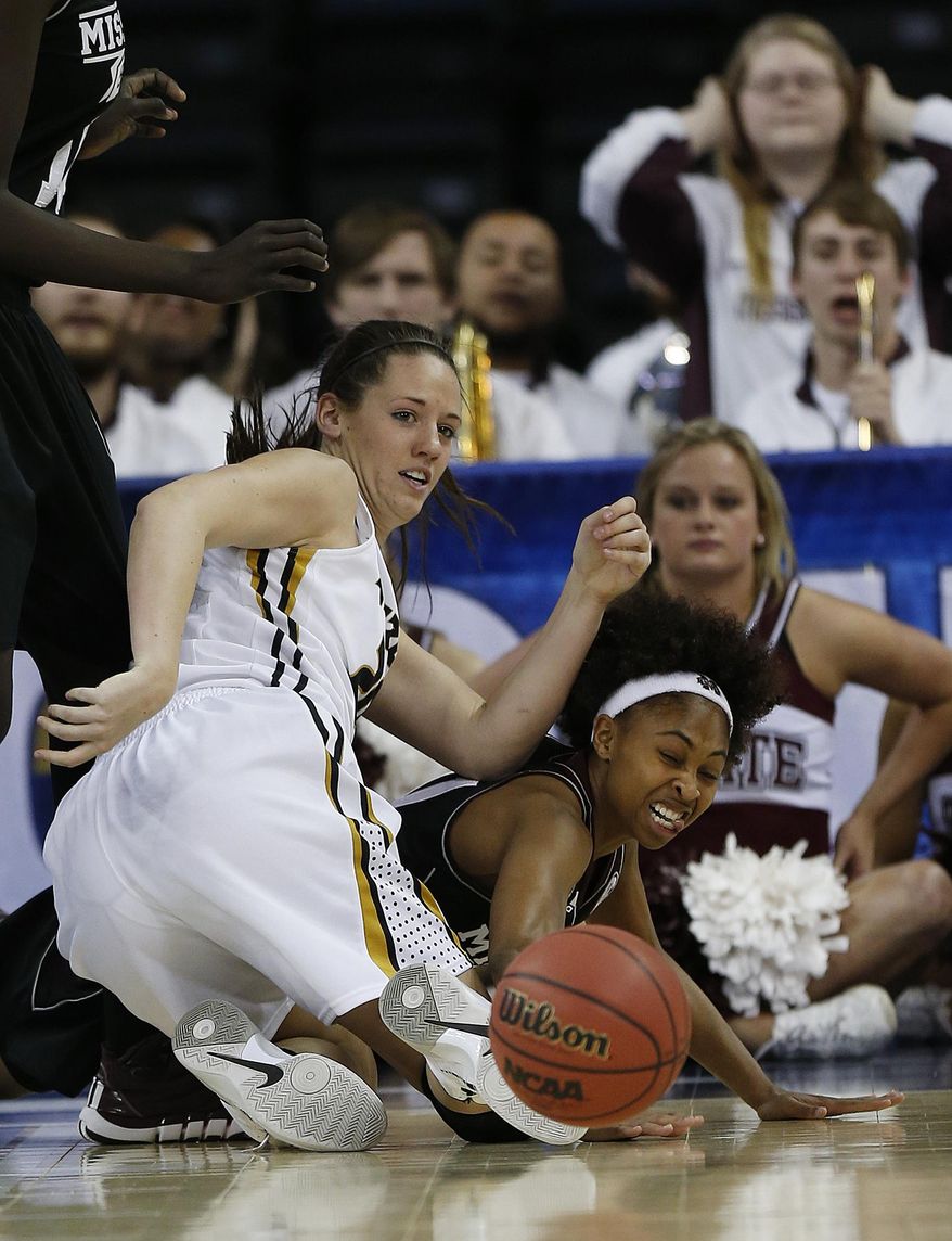 Missouri forward Kayla McDowell (20), left, and Mississippi State forward Breanna Richardson (3) battle for a loose ball in the first half of a first-round Women's Southeastern Conference Tournament NCAA college basketball game Wednesday, March 5, 2014, in Duluth, Ga. (AP Photo/John Bazemore)
