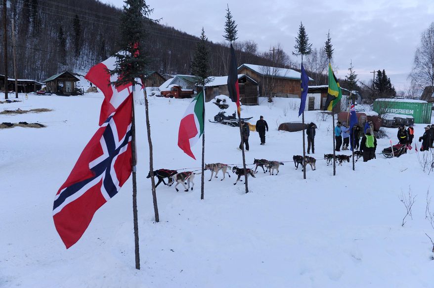 Anna Berington passes through the Takotna checkpoint without stopping to rest during the 2014 Iditarod Trail Sled Dog Race on Wednesday, March 5, 2014. Flags representing the nations of the foreign mushers in the race fly at the side of the trail. (AP Photo/The Anchorage Daily News, Bob Hallinen)