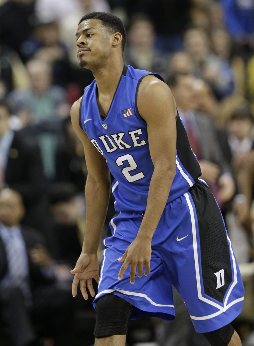 Duke's Quinn Cook (2) reacts after being called for a foul against Wake Forest during the second half of an NCAA college basketball game in Winston-Salem, N.C., Wednesday, March 5, 2014. Wake Forest won 82-72. (AP Photo/Chuck Burton)