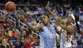 North Carolina&#x27;s Diamond DeShields (23) is fouled by Maryland&#x27;s Laurin Mincy (1) during the first half of an NCAA college basketball game at the Atlantic Coast Conference tournament in Greensboro, N.C., Friday, March 7, 2014. (AP Photo/Chuck Burton)