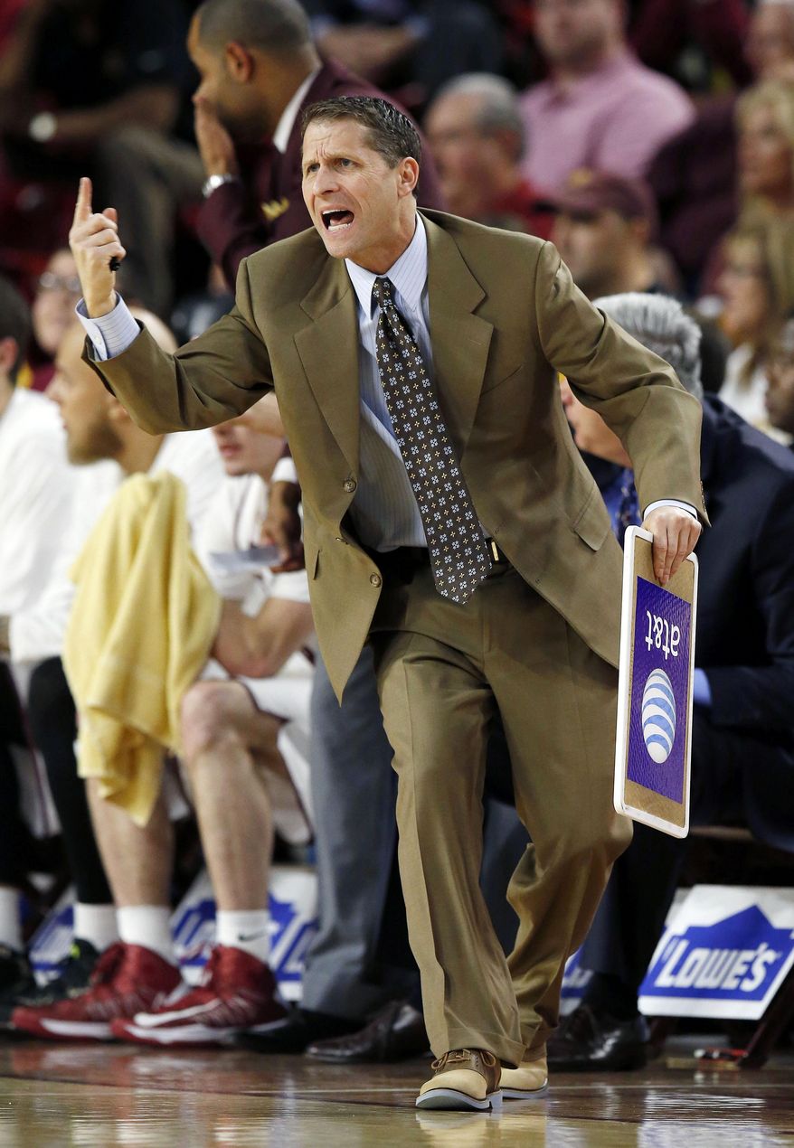 ADVANCE FOR WEEKEND EDITIONS, MARCH 8-9 - FILE - In this Feb. 14, 2014 file photo, Arizona State associate head coach Eric Musselman shouts instructions to Arizona State players during the first half of an NCAA college basketball game against Arizona, in Tempe, Ariz. Immersed in basketball since before he could walk, it's no wonder Musselman has become one of college basketball's best assistant coaches after a long stint in the pros. (AP Photo/Ross D. Franklin, File)