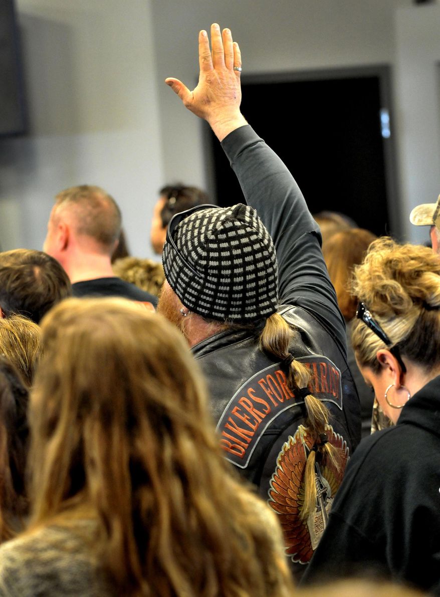The congregation at the Freedom Biker Church Sunday, Feb. 16, 2014. (AP Photo/The Fayetteville Observer, Cindy Burnham.)