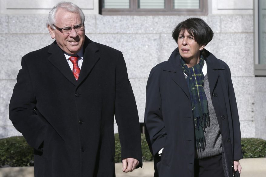 FILE - In this Feb. 27, 2014, file photo, former Arkansas Treasurer Martha Shoffner, right, walks to the federal courthouse in Little Rock, Ark., with her attorney Chuck Banks. Prosecutors questioned two witnesses from Shoffner's office on Wednesday, March 5, 2014, as they work to show a bond dealer who paid Shoffner $36,000 got special treatment. Shoffner, 69, is charged in a 14-count extortion and bribery indictment that followed after the FBI equipped the bond dealer, Steele Stephens, with a listening device and listened in when Stephens made $6,000 payments to Shoffner while she was still in office.(AP Photo/Danny Johnston, File)