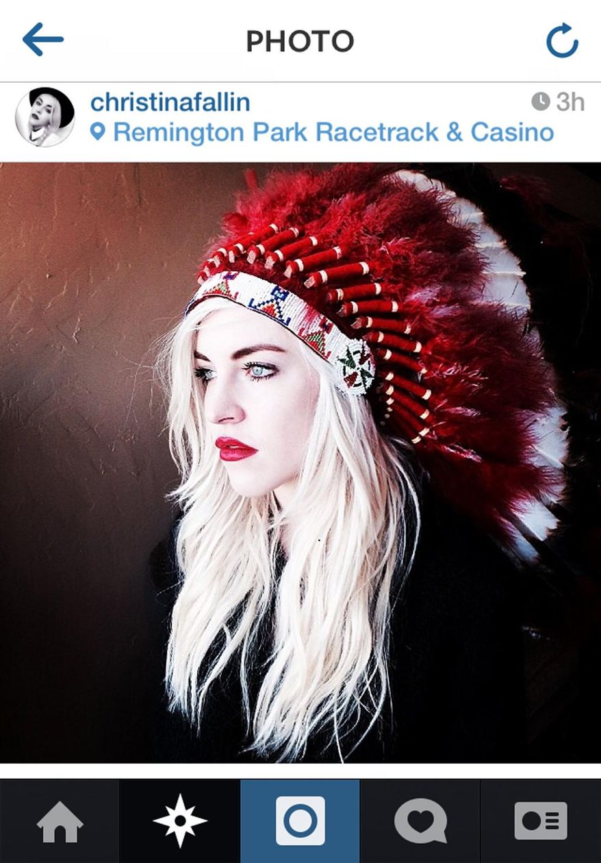 This photo posted to Christina Fallin's Instragram account shows Fallin, the daughter of Oklahoma Gov. Mary Fallin, wearing a Native American headdress. Christina Fallin is defending herself after she posted the photo on social media sites. In a statement to The Associated Press, she says that with age, she feels a “deeper and deeper connection to the Native American culture.” (AP Photo)