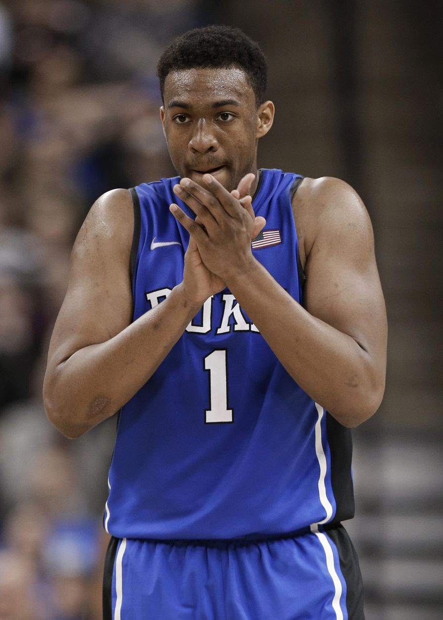 Duke's Jabari Parker reacts after being called for his fourth foul, during the second half of an NCAA college basketball game against Wake Forest in Winston-Salem, N.C., Wednesday, March 5, 2014. Wake Forest won 82-72. (AP Photo/Chuck Burton)