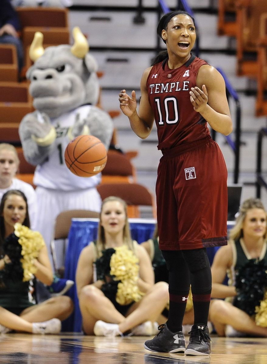 Temple's Shi-Heria Shipp reacts to a foul called on her during the first half of an NCAA college basketball game against South Florida in the quarterfinals of the American Athletic Conference women's basketball tournament, Saturday, March 8, 2014, in Uncasville, Conn. (AP Photo/Jessica Hill)