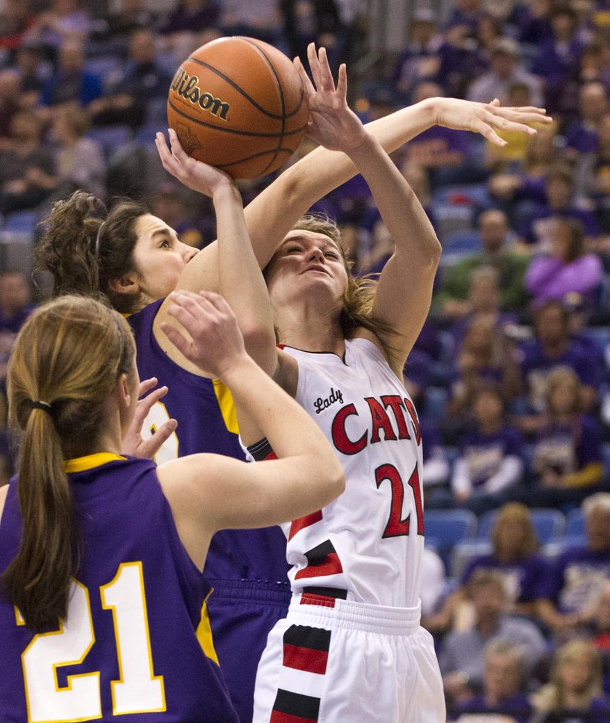 Oregon-Davis' Ashley Campbell (21) is fouled by Vincennes Rivet's Carly Waggoner (22) as she goes up for a shot during the first half of the IHSAA Girls Basketball Class A Championships, Saturday, March 8, 2014, in Terre Haute, Ind. (AP Photo/Doug McSchooler)
