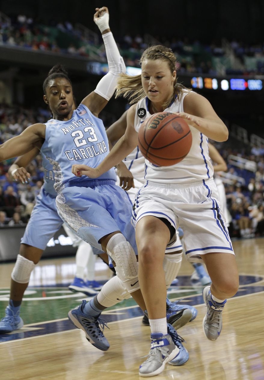 Duke's Tricia Liston, right, pushes North Carolina's Diamond DeShields, left, as she drives to the basket during the first half of an NCAA college basketball semi-final game at the Atlantic Coast Conference tournament in Greensboro, N.C., Saturday, March 8, 2014. Liston was called for a foul on the play. (AP Photo/Chuck Burton)