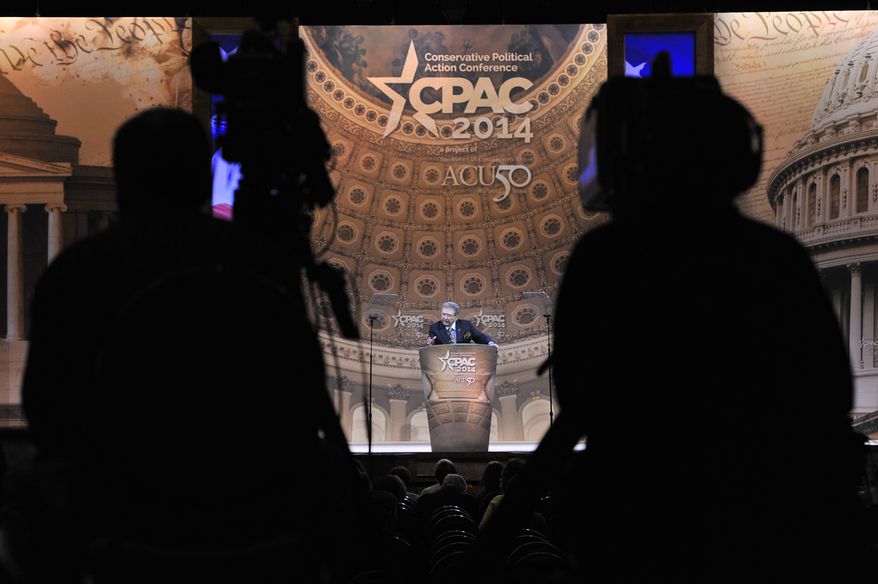 Washington Times Political Editor Ralph Hallow macerates a panel during the CPAC2014 at The National Harbor, Md. (Preston Keres/Special for The Washington Times)