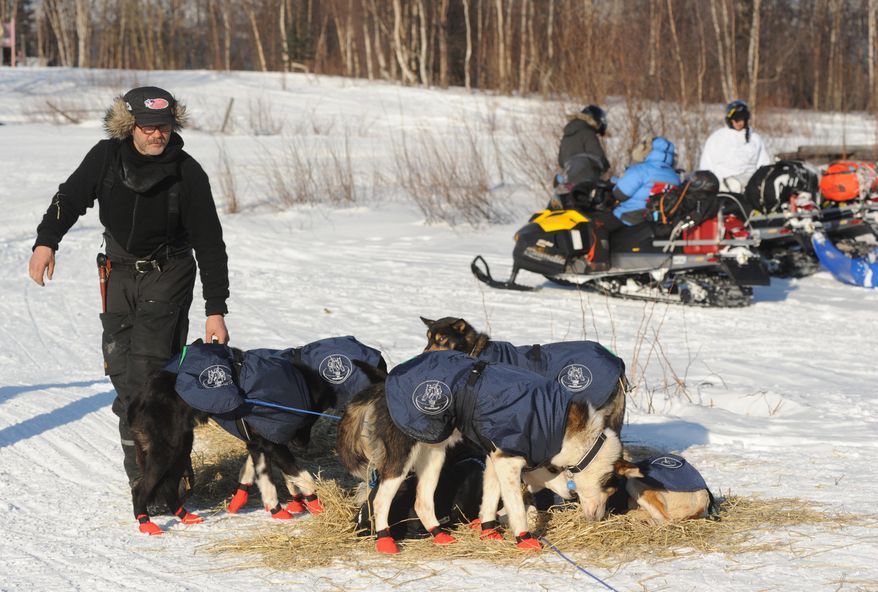 Robert Sorlie prepares to leave the Yukon River village of Kaltag during the 2014 Iditarod Trail Sled Dog Race on Saturday, March 8, 2014. (AP Photo/The Anchorage Daily News, Bob Hallinen)