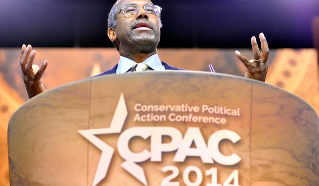 Dr. Ben Carson speaking at CPAC, where he finished third in The Washington Times/CPAC presidential preference straw poll. (Preston Keres/Special for The Washington Times)

