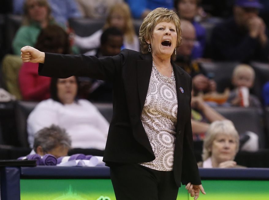 Kansas State head coach Deb Patterson shouts to her team in the second half of a Big 12 women's NCAA college basketball tournament game against Kansas in Oklahoma City, Friday, March 7, 2014. Kansas won 87-84 in overtime. (AP Photo/Sue Ogrocki)