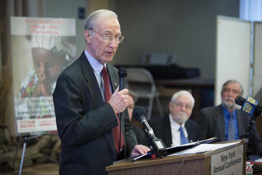 Methodist Bishop Clifton Ives, presiding Elder of the Court, speaks during a news conference following the announcement that a case against Rev. Thomas Ogletree for breaking church law by officiating his son's same-sex marriage had been dropped, Monday, March 10, 2014, in White Plains, N.Y. The decision is considered a victory for Methodists who have defied church law and organized ministry to all couples. (AP Photo/John Minchillo)