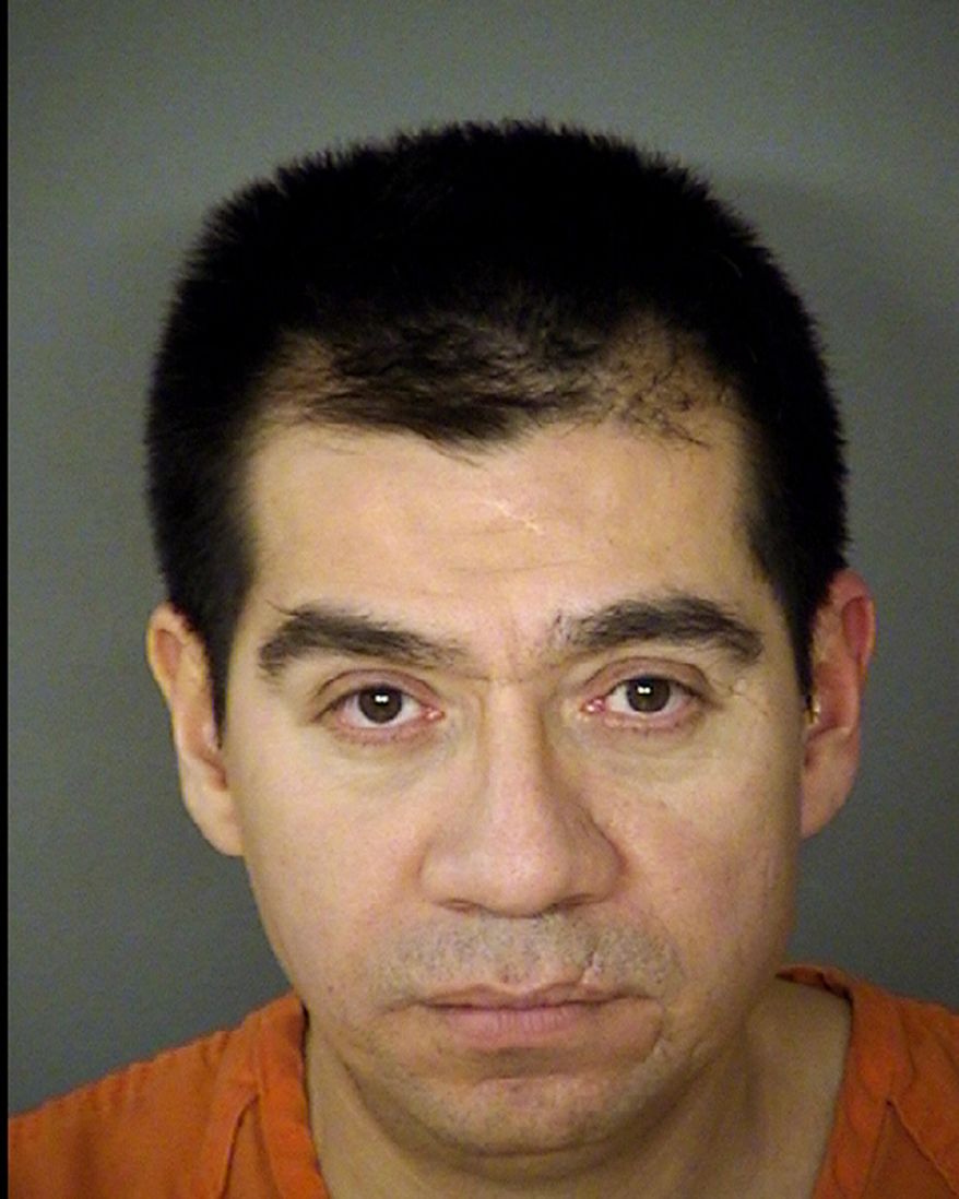 This handout photo released by the Bear County, Texas, Sheriff shows Gabriel Campos Martinez. Los Angeles police said Monday, March 10, 2014, they've solved the case of a severed head and other body parts found two years ago near the Hollywood sign. They announced the arrest of Gabriel Campos Martinez, 38, for the 2012 murder of Hervey Coronado Medellin, 66, of Los Angeles. Campos Martinez was arrested in San Antonio, Texas, on Sunday with the help of local authorities and is being held without bail while he awaits extradition proceeding. (AP Photo/Bear County Sheriff)