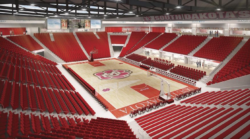 This artist's drawing provided by the University of South Dakota shows the proposed arena to be constructed at the University of South Dakota in Vermillion. The university has set May 12 as the date to break ground for new athletic facilities. The heart of the $66 million project is this 6,000-seat arena for basketball and volleyball. The facility will be connected to the existing DakotaDome by a Science, Health and Research Laboratory. (AP Photo/Courtesy of the University of South Dakota)