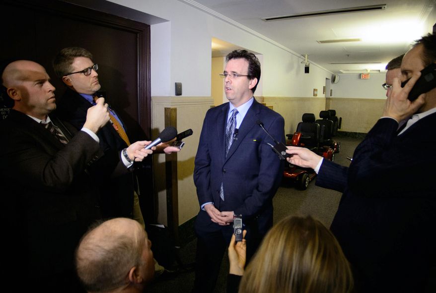 Rep. Pat Garofalo, R-Farmington, talks to the media after he apologized for a tweet on Monday, March 10, 2014, in St. Paul, Minn. Garofalo suggested in a tweet Sunday night that pro basketball players have criminal tendencies. (AP Photo/The Star Tribune, Glen Stubbe) MANDATORY CREDIT; ST. PAUL PIONEER PRESS OUT; MAGS OUT; TWIN CITIES TV OUT