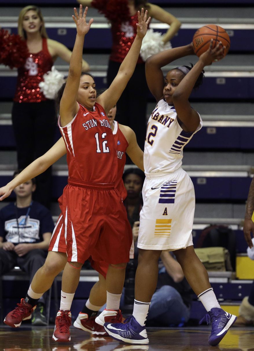 Stony Brook guard Teasha Harris, left, defends against Albany guard Imani Tate during the first half of an NCAA America East college championship basketball game on Monday, March 10, 2014, in Albany, N.Y. (AP Photo/Mike Groll)