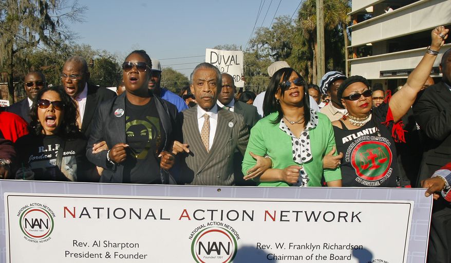 From left, participants including Lucia McBath, mother of Jordan Davis, Sybrina Fulton, mother of Trayvon Martin, Rev. Al Sharpton, president of National Action Network, and Phyllis Giles, mother of Michael Giles, march to the Florida Capitol Monday, March 10, 2014, in Tallahassee, Fla. Participants were rallying against the state's "Stand Your Ground" laws. (AP Photo/Phil Sears)