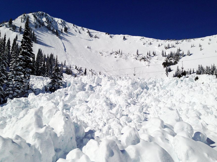 In this photo provided by Crystal Mountain Resort, snow from a 30-foot deep avalanche that wiped out a chairlift a day earlier remains behind Tuesday, March 11, 2014, at Crystal Mountain, Wash. The avalanche that was intentionally triggered by the Ski Patrol brought down more snow than expected and wiped out a chairlift at the resort near Mount Rainier. No one was injured. Members of the Ski Patrol threw a 40-pound explosive on unstable snow as a safety precaution on the slope at 4:45 p.m. Monday after the resort had closed, but snow hit the High Campbell chairlift, the highest of 10 chairlifts at the resort on the northeast corner of Mount Rainier National Park. (AP Photo/Crystal Mountain Resort)