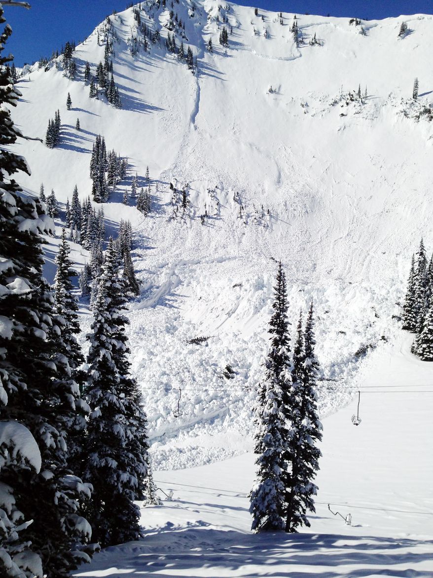 In this photo provided by Crystal Mountain Resort, snow from a 30-foot deep avalanche that wiped out a chairlift a day earlier remains behind Tuesday, March 11, 2014, at Crystal Mountain, Wash. The avalanche that was intentionally triggered by the Ski Patrol brought down more snow than expected and wiped out a chairlift at the resort near Mount Rainier. No one was injured. Members of the Ski Patrol threw a 40-pound explosive on unstable snow as a safety precaution on the slope at 4:45 p.m. Monday after the resort had closed, but snow hit the High Campbell chairlift, the highest of 10 chairlifts at the resort on the northeast corner of Mount Rainier National Park. (AP Photo/Crystal Mountain Resort)