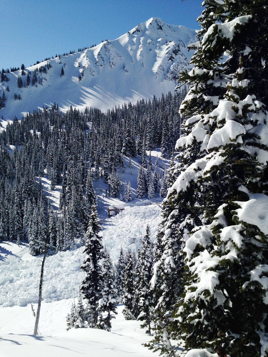 In this photo provided by Crystal Mountain Resort, snow from a 30-foot deep avalanche that wiped out a chairlift a day earlier remains behind Tuesday, March 11, 2014, at Crystal Mountain, Wash. The avalanche that was intentionally triggered by the Ski Patrol brought down more snow than expected and wiped out a chairlift at the resort near Mount Rainier. No one was injured. Members of the Ski Patrol threw a 40-pound explosive on unstable snow as a safety precaution on the slope at 4:45 p.m. Monday after the resort had closed, but snow hit the High Campbell chairlift, the highest of 10 chairlifts at the resort on the northeast corner of Mount Rainier National Park. (AP Photo/Crystal Mountain Resort)