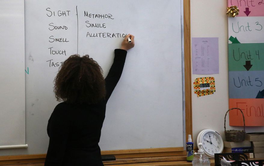 In this Feb. 10, 2014 photo, slam poet and Youth on Record teacher Suzy Q. Smith teaches a poetry class at Lincoln Respect Academy, a program for at risk students operated inside Lincoln High, a public high school in Denver. Founded by hip hop group the Flobots, Youth on Record recruits artists, trains them to teach, and puts instruments and professional recording equipment in the hands of young people. It reaches 700 students a year, and currently is working in four Denver high schools and two residential treatment centers. (AP Photo/Brennan Linsley)