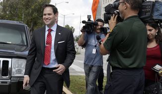 Sen. Marco Rubio, R-Fla., smiles after talking to the media as he leaves the Richard Gerstein Justice Building in Miami, Wednesday, March 12, 2014. Rubio reported for jury duty at a Miami-Dade County courthouse but was not called to serve on a panel. (AP Photo/Alan Diaz)