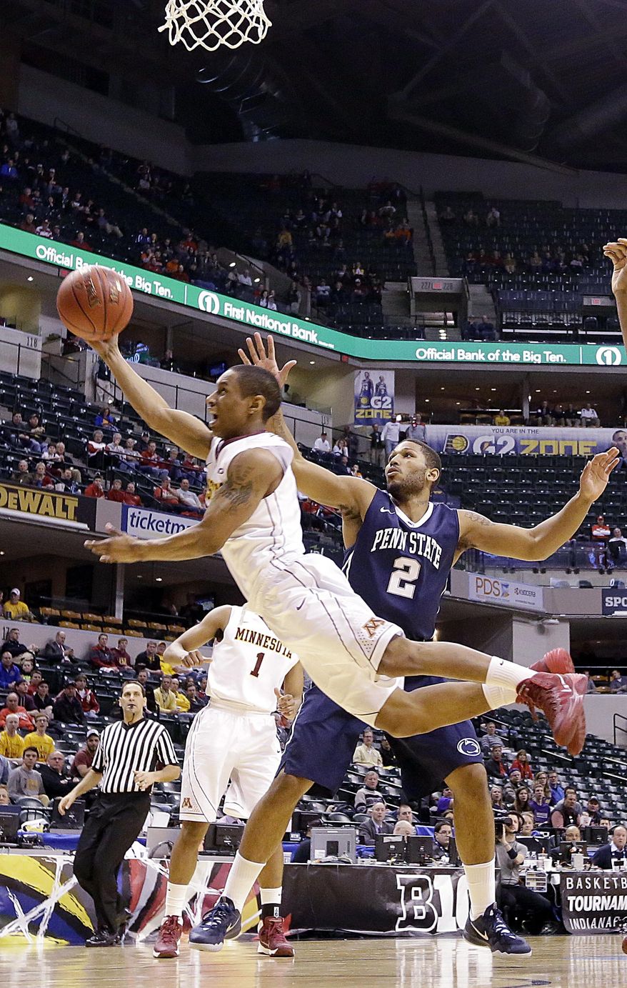 Minnesota guard Deandre Mathieu (4) takes a shot against Penn State guard D.J. Newbill (2) in the first half of an NCAA college basketball game in the first round of the Big Ten Conference tournament, Thursday, March 13, 2014, in Indianapolis. (AP Photo/Michael Conroy)