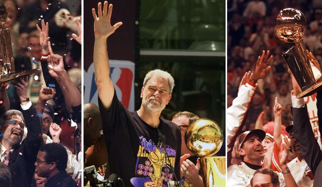 FILE - At left, in a  June 13, 1997, file photo, Chicago Bulls coach Phil Jackson hoists the NBA Championship trophy aloft after the Bulls beat the Utah Jazz 90-86 in Game 6 of the NBA Finals. in Chicago. At center, in a June 21, 2000 file photo, Los Angeles Lakers head coach Phil Jackson waves to the crowd as the Lakers and thousands of their fans celebrate their NBA Championship in downtown Los Angeles. At right, in a June 16, 1996 file photo, Chicago Bulls coach Phil Jackson hoists the NBA championship trophy after the Bulls beat Seattle in Game 6 of the NBA Finals in Chicago. Carmelo Anthony says he has heard that 11-time NBA champion coach Phil Jackson will be &amp;quot;coming on board&amp;quot; in a leadership capacity with the New York Knicks, though cautioned that nothing is yet official. Anthony made the comments Wednesday, March 12, 2014, to reporters in Boston, where the Knicks are playing the Celtics. (AP Photo/File)