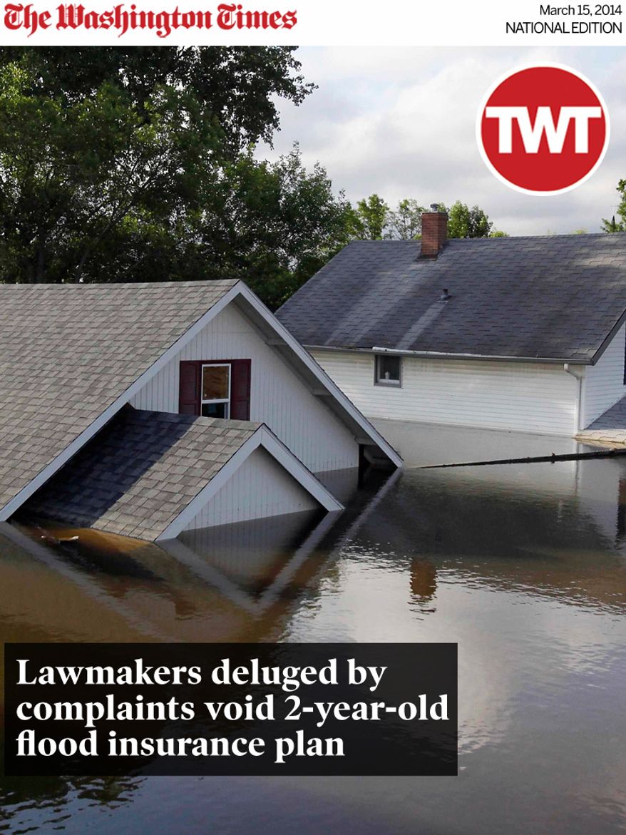 National Edition News cover for March 15, 2014 - Lawmakers deluged by complaints void 2-year-old flood insurance plan: FILE - In this June 27, 2011 file photo, floodwaters from the Souris River surround homes and a back hoe near Minot State University in Minot, N.D. A program that will help homeowners in Minot with repair costs following the devastating Souris River flooding two years ago is proving popular. More than 700 people have applied for assistance from the program that offers grants of up to $10,000 to those who qualify. The application period runs through the end of the year. (AP Photo/Charles Rex Arbogast, File)