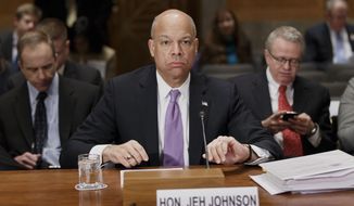 Homeland Security Secretary Jeh Johnson prepares to testify on Capitol Hill in Washington, Thursday, March 13, 2014, to outline President Barack Obama’s FY2015 budget requests to the Senate Homeland Security and Governmental Affairs Committee.  (AP Photo/J. Scott Applewhite)