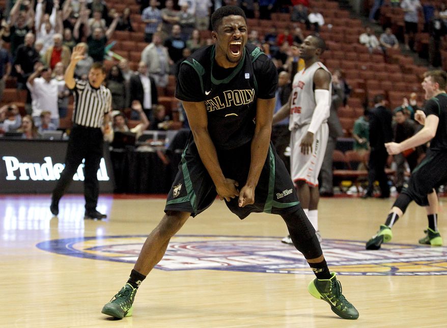 Cal Poly guard Dave Nwaba (0) yells out as time expires to defeat Cal State Northridge 61-59 in the NCAA Big West tournament championship college basketball game in Anaheim, Calif., Saturday, March 15, 2014. Cal Poly won 61-59. (AP Photo/Alex Gallardo)