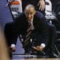 Stanford coach Johnny Dawkins encourages his team in the second half of an NCAA Pac-12 conference tournament college basketball game against Washington State, Wednesday, March 12, 2014, in Las Vegas. Stanford won 74-63.  (AP Photo/Julie Jacobson)