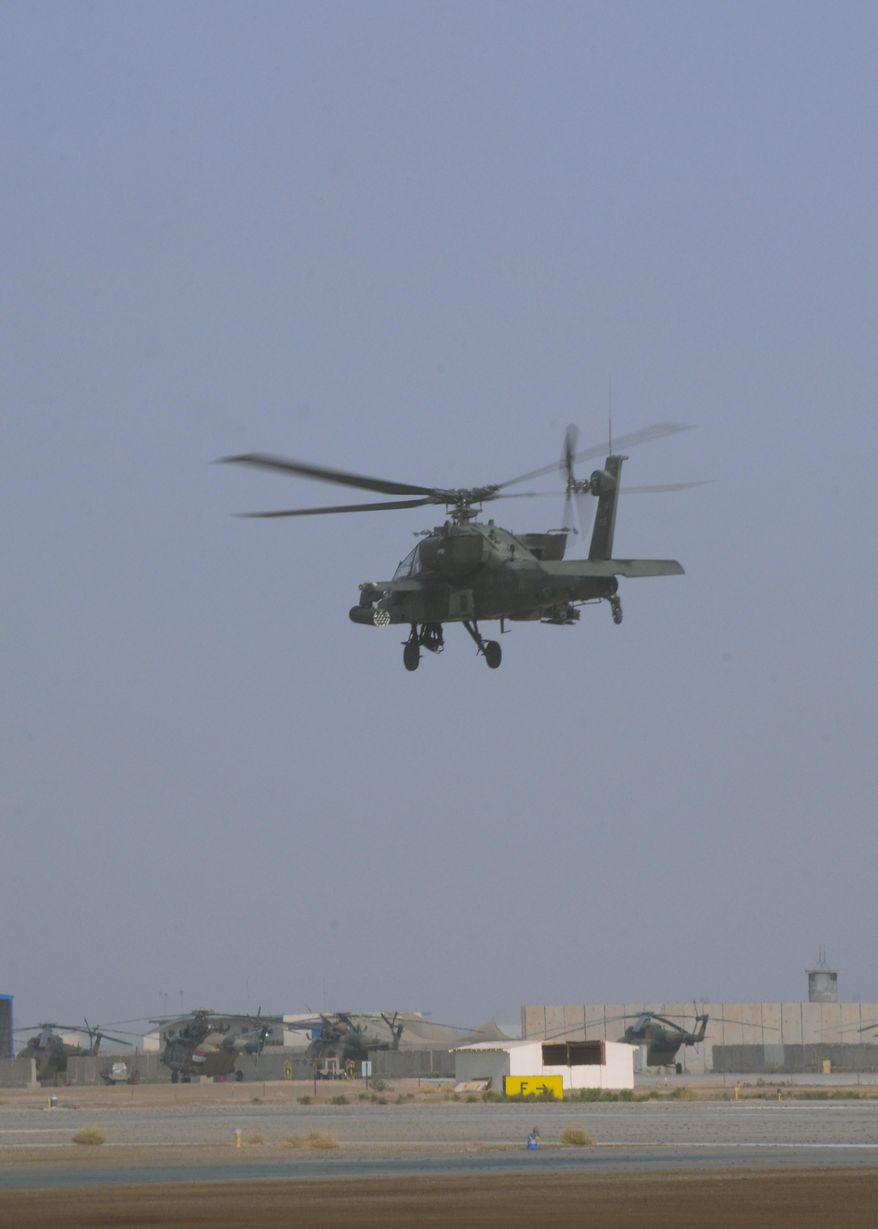 In this Dec. 6, 2011 made available by the U.S. Army National Reserve, shows a members of the 1-151st Attack Reconnaissance Battalion as they prepare the last Apaches to leave for Camp Buehring, Kuwait. A Pentagon budget plan to strip the Army National Guard’s Apache attack helicopters from America’s citizen-soldiers doesn’t sit well with the newly-retired South Carolina National Guard general who commanded a chopper battalion and flew them for more than 1,500 hours. (AP Photo/ U.S. Army National Guard, Tracci Dorgan,)