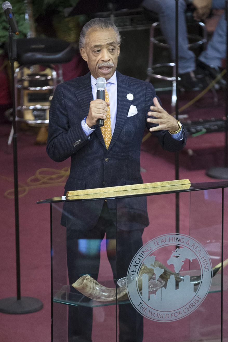 The Rev. Al Sharpton speaks during Sunday services at the Bethel Gospel Assembly as the congregation mourns the deaths of two members in Wednesday's explosions in the East Harlem neighborhood of New York, Sunday, March 16, 2014. New York City Mayor Bill de Blasio said the women lost "were examples to all of us" because of the faith and spirit they demonstrated. (AP Photo/John Minchillo)