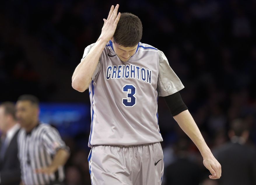 Creighton's Doug McDermott (3) reacts during the second half of an NCAA college basketball game against Providence in the finals of the Big East Conference tournament Saturday, March 15, 2014, at Madison Square Garden in New York. Providence won the game 65-58. (AP Photo/Frank Franklin II)