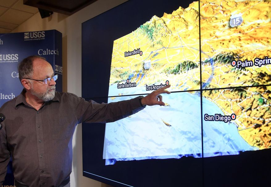 Egill Hauksson a Caltech Seismologist talks about an early morning earthquake during a news conference at Caltech in Pasadena, Calif, on Monday, March 17, 2014. The pre-dawn quake rolled across the Los Angeles basin on Monday, rattling residents from the San Fernando Valley to Long Beach but causing no reported damage. The quake's magnitude was 4.4 and it was centered 15 miles west-northwest of the downtown civic center, according to the U.S. Geological Survey. (AP Photo/Nick Ut )
