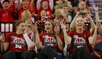 CORRECTS THE ROUND THE TEAM WILL PLAY IN - Nebraska&#39;s Jordan Hooper, left, Hailie Sample, center, and   Emily Cady, right, react after they hear their assignment for the NCAA college basketball tournament during a live television broadcast in Lincoln, Neb., Monday, March 17, 2014. Nebraska will play in the first round against Fresno State in Los Angeles.  (AP Photo/Nati Harnik)