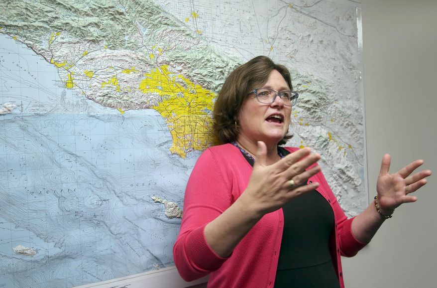 Lucy Jones, a USGS seismologist talks during a news conference at Caltech in Pasadena, Calif, on Monday, March 17, 2014. The pre-dawn quake rolled across the Los Angeles basin on Monday, rattling residents from the San Fernando Valley to Long Beach but causing no reported damage. The quake's magnitude was 4.4 and it was centered 15 miles west-northwest of the downtown civic center, according to the U.S. Geological Survey. (AP Photo/Nick Ut )