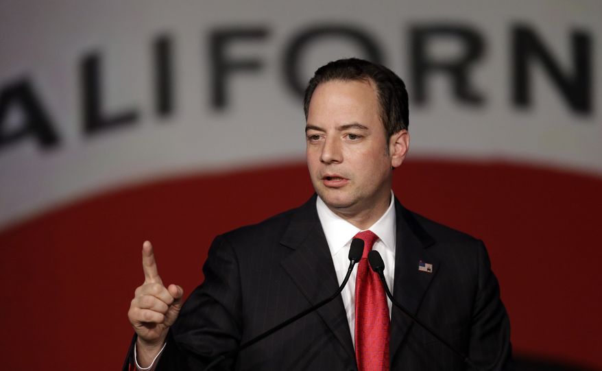 FILE - In this March 14, 2014, file photo, Republican National Committee chairman Reince Priebus gestures while speaking before the California Republican Party 2014 Spring Convention in Burlingame, Calif. Republicans are trying to convert hard-won gains in statehouses to successes in this November’s congressional elections and the 2016 race for the White House, according to a review of their campaign finance reports. (AP Photo/Ben Margot, File)