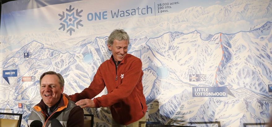 Onno Wieringa, from Alta Ski Area, right, and Mike Goar, from Canyons Resort, left, speak with reporters following a news conference Wednesday, March 19, 2014, in Salt Lake City. A coalition of Utah ski resort managers from Alta Ski Area, Brighton Resort, Canyons Resort, Deer Valley Resort, Park City Mountain Resort, Snowbird Ski and Summer Resort and Solitude Mountain Resort are reviving their plans for a series of interconnected chairlifts that would link seven ski areas that would give the state a Euro-style experience. This isn't the first time Utah ski resorts have discussed the idea of linking the Wasatch Range resorts to each other, but officials appear to be further along in plans this time. The concept would give Utah a Euro-style experience in in the mountains that loom over Salt Lake City. By combining 25 square miles of terrain, the Utah resorts could offer North America's largest skiing complex three times the size of Vail, Colo., and twice as big as Whistler Blackcomb in British Columbia. (AP Photo/Rick Bowmer)