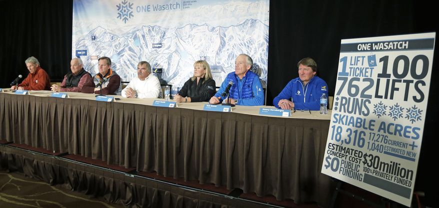 A coalition of Utah ski resort managers from Alta Ski Area, Brighton Resort, Canyons Resort, Deer Valley Resort, Park City Mountain Resort, Snowbird Ski and Summer Resort and Solitude Mountain Resort revive their plans for a series of interconnected chairlifts that would link seven ski areas that would give the state a Euro-style experience, during a news conference Wednesday, March 19, 2014, in Salt Lake City. This isn't the first time Utah ski resorts have discussed the idea of linking the Wasatch Range resorts to each other, but officials appear to be further along in plans this time. The concept would give Utah a Euro-style experience in in the mountains that loom over Salt Lake City. By combining 25 square miles of terrain, the Utah resorts could offer North America's largest skiing complex three times the size of Vail, Colo., and twice as big as Whistler Blackcomb in British Columbia. (AP Photo/Rick Bowmer)