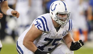 Indianapolis Colts guard Mike McGlynn (75) against the Arizona Cardinals during the fist quarter of an NFL football game on Sunday, Nov. 24, 2013 in Glendale, Ariz. (AP Photo/Rick Scuteri)
          